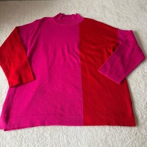 Anne Klein Colorblock Mock Neck Sweater XL Pink Red Cotton Blend Casual Knit Top